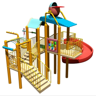 Das Wasser-Haus-Spielplatz-Strukturen der Kinder mit Wasserrutschen, Aufstiegs-Netz, Wasser-Spray