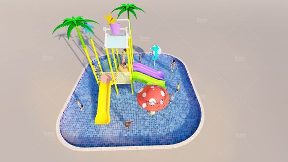 Mini-Wasserspielanlage aus Glasfaser mit 3 Rutschen und Kippeimer für Kinder-Wasserpark