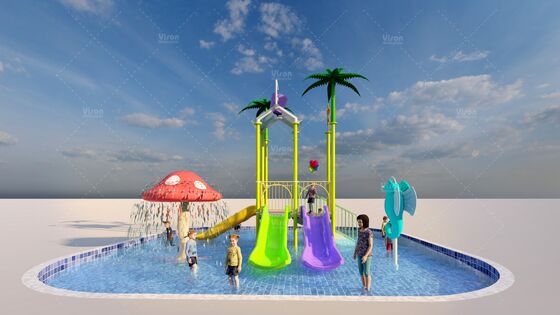 Mini-Wasserspielanlage aus Glasfaser mit 3 Rutschen und Kippeimer für Kinder-Wasserpark