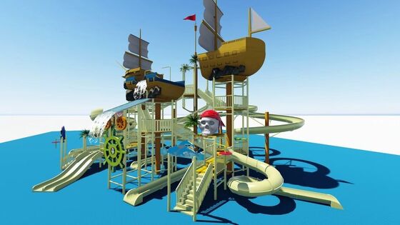 Pirate Ship Water Play Structure with Giant Tipping Bucket and Fiberglass Construction for Kids Water Park Equipment