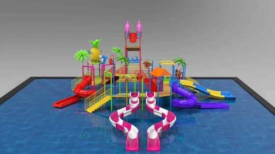 Tropical Theme Water Play Structure with Giant Tipping Bucket and Multiple Slides for Splash Park