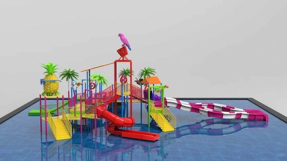 Tropical Theme Water Play Structure with Giant Tipping Bucket and Multiple Slides for Splash Park